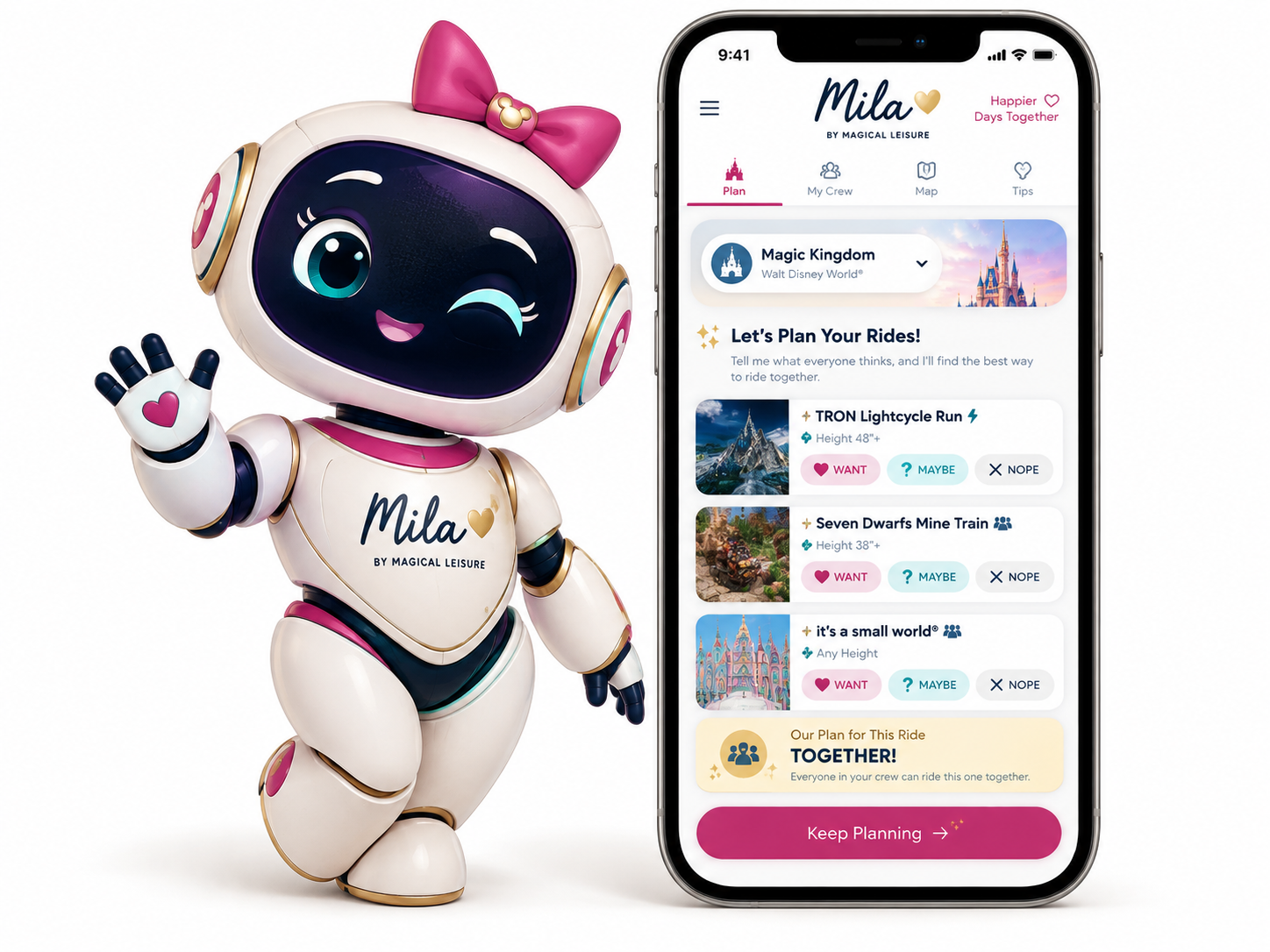 Mila by Magical Leisure shown on an iPhone next to a cute robot mascot waving hello